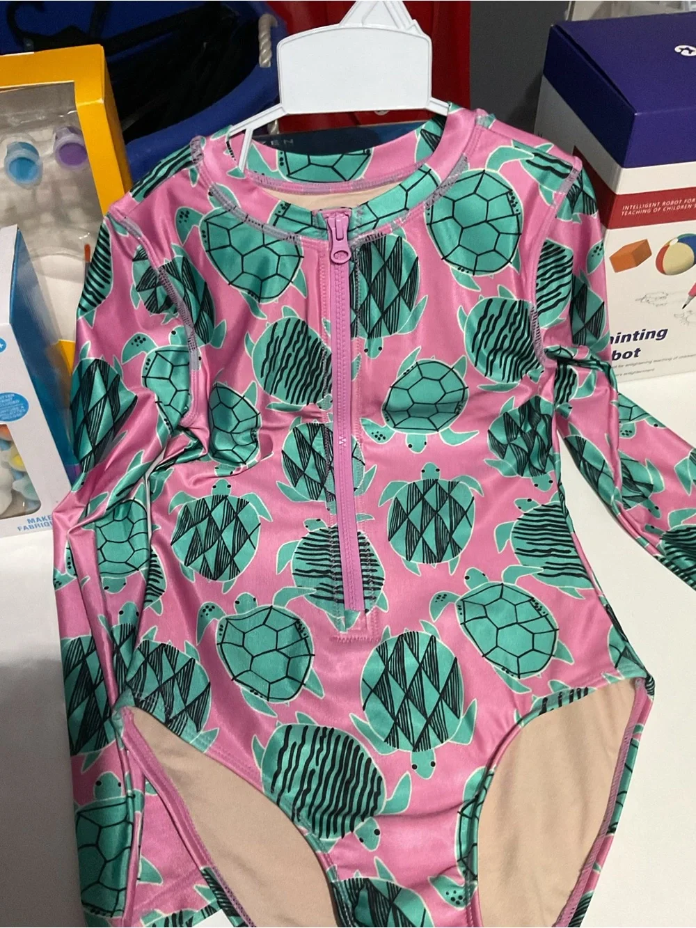 Kids Long Sleeve One-Piece Swimsuit - Pink Turtle Print Blue parrot swimsuit